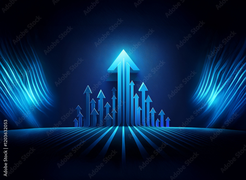 Poster glowing blue arrows ascend on a dark background, symbolizing growth, progress, and upward mobility. 