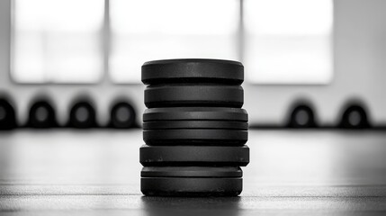 Stack of black rubber tires arranged neatly on a wooden floor in a well-lit environment