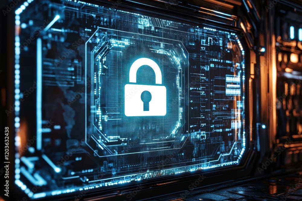 Poster secure digital environment featuring a lock symbol representing data protection