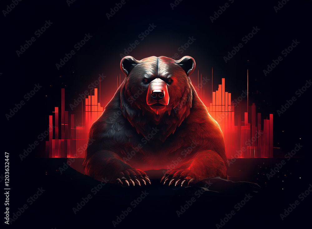 Poster a powerful black bear dominates the foreground, illuminated by vibrant red and orange light bars sug