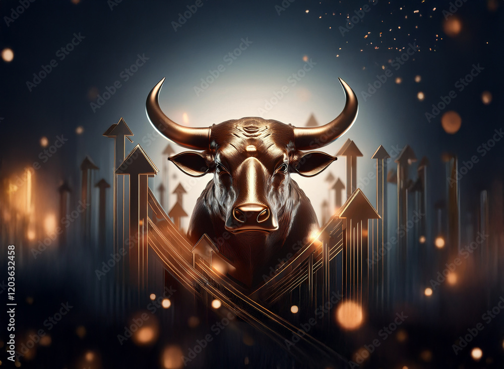 Poster a bronze bull statue stands majestically amidst a backdrop of glowing upward arrows, symbolizing fin