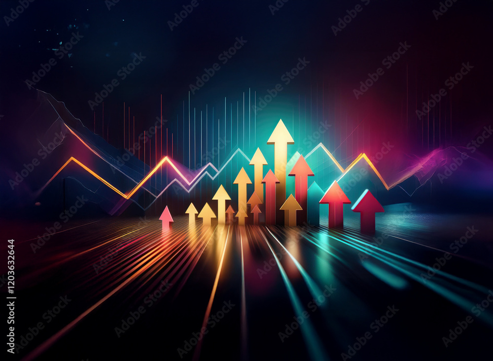 Aufkleber neon arrows ascend on a dark background, symbolizing growth and progress amidst dynamic data visuali