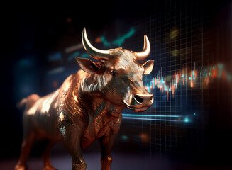 A bronze bull statue stands majestically against a backdrop of dynamic stock market charts, symbolizing financial growth and strength.