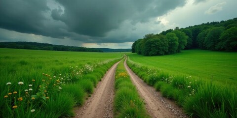 Serene Countryside Path Under a Dramatic Sky, Lush Green Meadows and Wildflowers Bordering a Dirt Road Leading Through a Tranquil Woodland