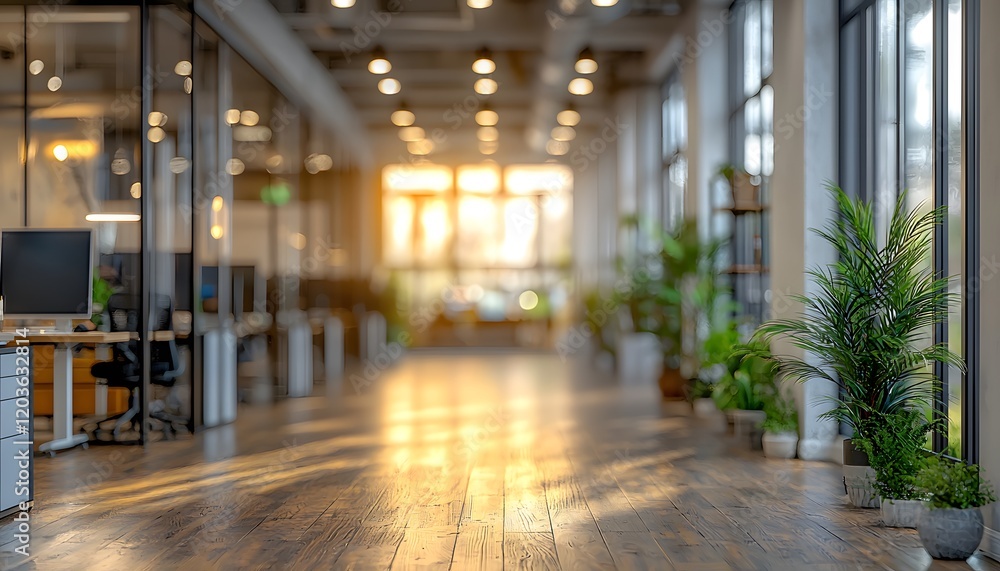 Poster sunlit modern office space with lush green plants and warm wooden flooring, creating an inviting and