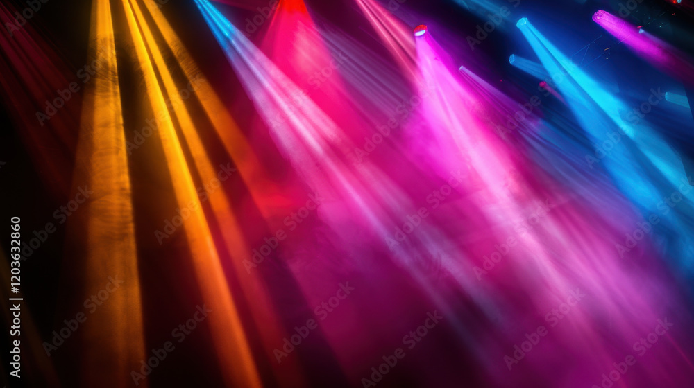 Poster vibrant beams of colored light create dynamic atmosphere in performance space, showcasing hues of pi