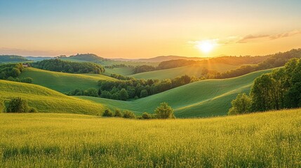 Obraz premium Rolling green hills and golden sunset creating a peaceful idyllic landscape with fields and trees at dusk
