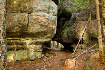 Landscape with picturesque rocks in the forest. Table mountains in Poland