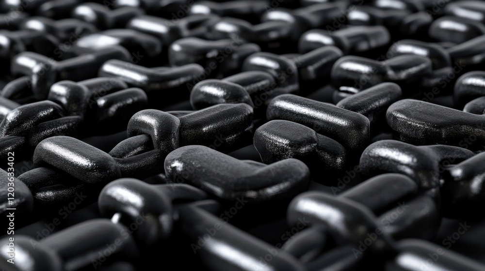 Poster close-up of interlinked black chains forming a textured surface, creating a sense of depth and contr