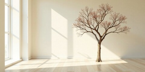 Serene Minimalist Interior Design Featuring a Single Deciduous Tree in a Sunlit Room
