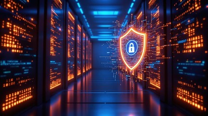 Cybersecurity shield concept. Digital data protection, network security, and data privacy. Futuristic technology background