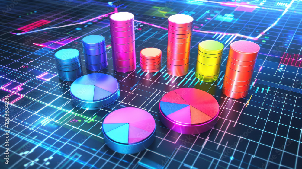 Poster colorful 3d charts and graphs representing financial data analysis, showcasing vibrant pie and bar c