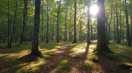 Obraz premium Sunlight filters through the lush green leaves of a dense forest casting long shadows on a carpet of fallen leaves