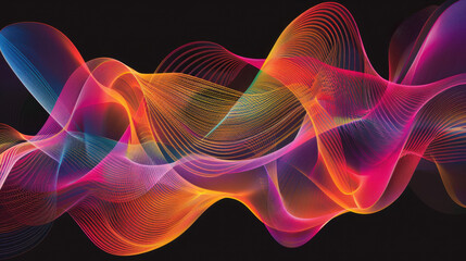 Obraz premium Vibrant abstract waves in colorful hues of pink, orange, and blue create dynamic visual effect against black background, evoking energy and movement