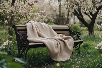 Warm blanket resting on a garden bench surrounded by blossoming flowers