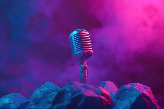 vintage microphone on an abstract background for a podcasting or interview concept, world radio day