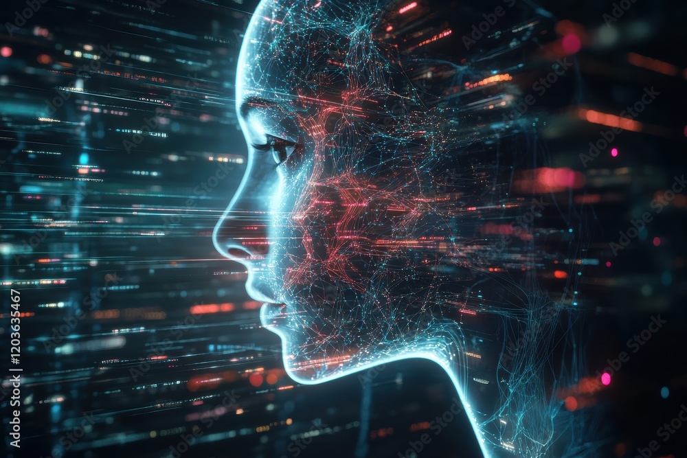 Poster Abstract representation of artificial intelligence merging with human-like features and data flow