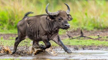 Obraz premium view of buffalo playing in the mud decorated with grass