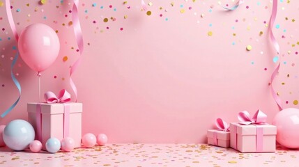 A festive backdrop of pastel pink presents, balloons, and confetti for a joyous celebration