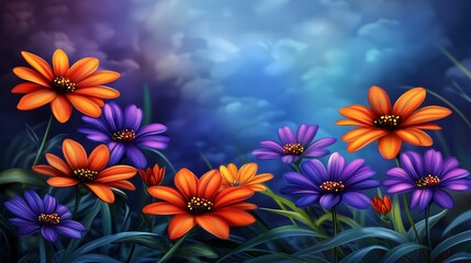 Fototapeta premium Vibrant Orange and Purple Flowers in a Dreamy Garden