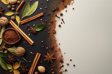 Beautiful Spice Arrangement with Brown Cinnamon Leaves and Colorful Peppercorns