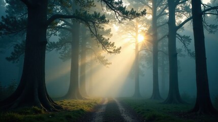Obraz premium Sunlit Path Through a Misty Forest of Tall Trees at Dawn