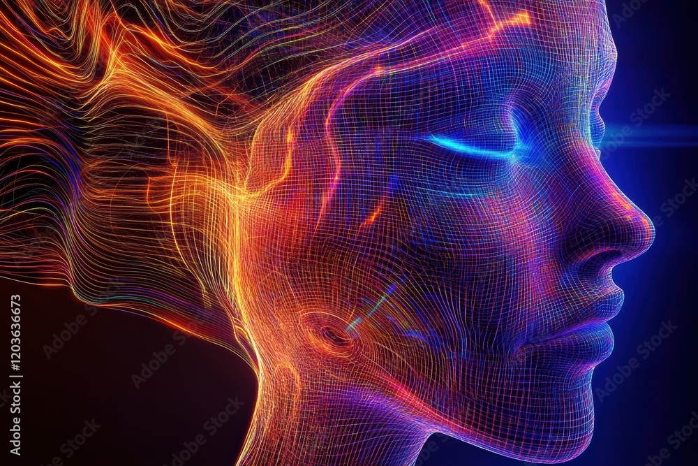 Poster visual depiction of ai concepts via a female figure with glowing elements