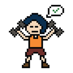Naklejka premium Cute pixel cartoon 8bit character man weight training with dumbbell lifestyle lifting gym decoration life style 8 bit male boy weight fitness isolated game 8bit PNG vector.