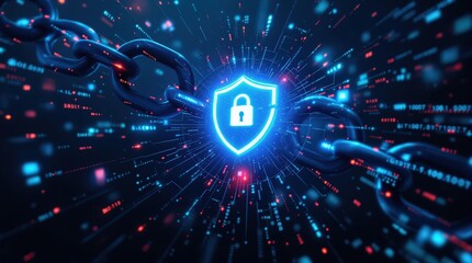 Cyber security concept. Digital shield protected by strong chains. Data protection and privacy. Futuristic technology background