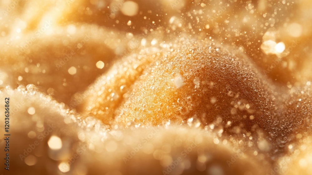 Poster close-up of golden bubbles on a textured surface, sparkling with light, creating a dreamy atmosphere