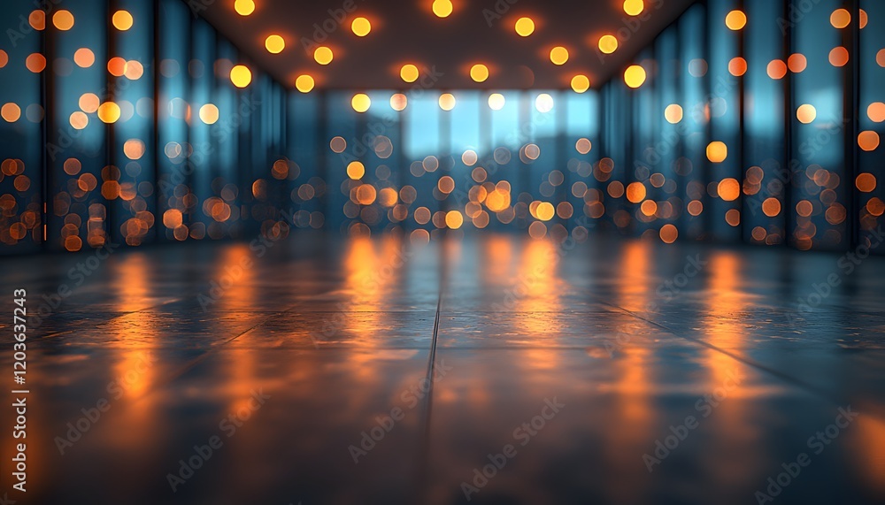 Poster cozy and inviting interior space with soft bokeh of warm lights and reflections, ideal for modern de