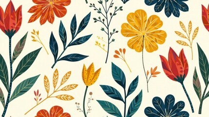 Vibrant Floral Pattern Featuring Tulips, Flowers, and Leaves in a Warm Color Palette