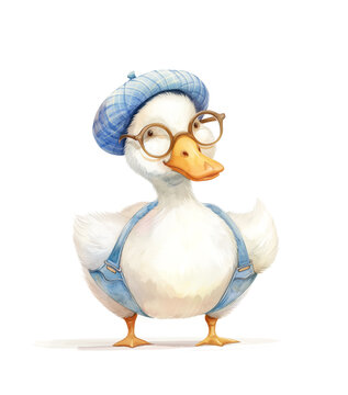 Funny duck charackter with glasses and clothes watercolor illustration on white