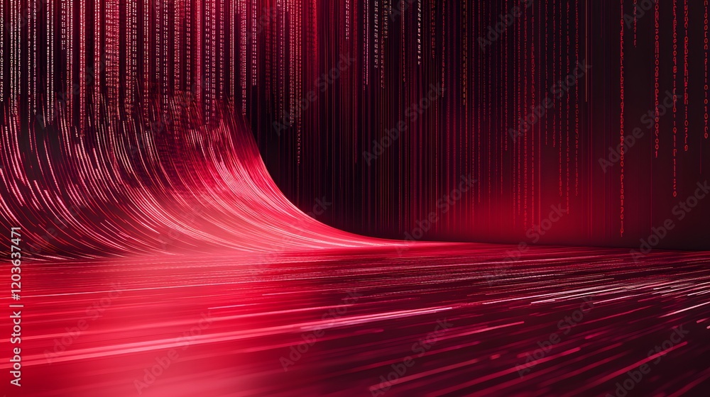 Fototapete binary code background, black and red color matrix, with lines creating a technological atmosphere