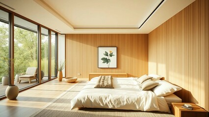 Fototapeta premium Design a Japandi minimalist master bedroom with large windows that allow natural light to flood the space