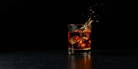 Amber Liquid Splashing into a Glass with Ice Cubes on Dark Background