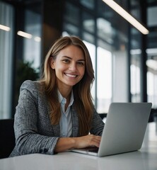 Elegant Portrait of a Confident Businesswoman Smiling While Working on a Laptop in a Stylish,...