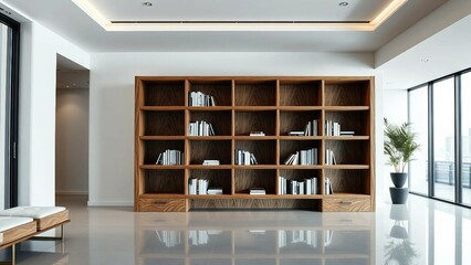 A zebrano wood bookcase set against a sleek modern contemporary environment in a big empty living room