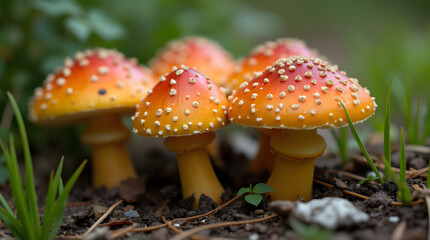Orange mushrooms with white spots surrounded by grass and natural forest elements.