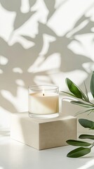 A carefully arranged candle in a glass container adds an inviting touch to the setting, casting delicate shadows and evoking warmth in a serene beige backdrop