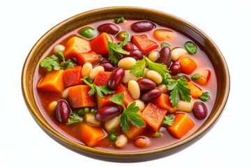 Delicious Homemade Vegetable Bean Soup, Aerial View, Isolated