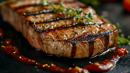 Artistic Close-Up of Grilled Tuna Steak Showcasing Culinary Presentation and Texture Mastery