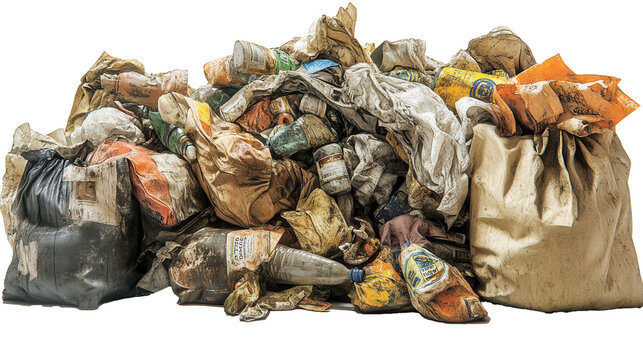 Transparent Garbage Bags Filled with Waste, Isolated on White Background for Environmental Projects