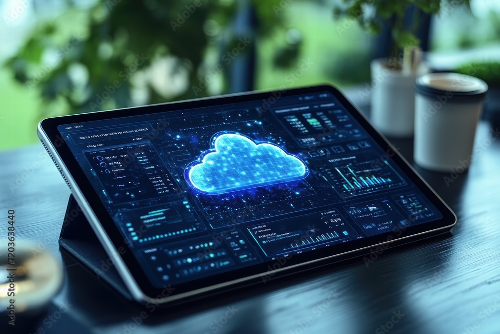 Poster cloud service interface displayed on tablet in a modern office environment