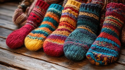 A close-up of colorful striped socks lying on a rustic wooden floor