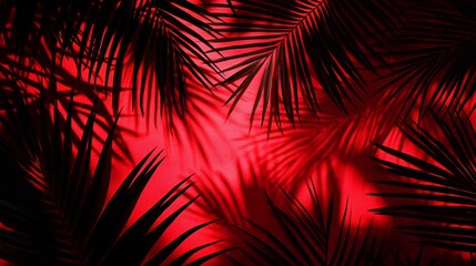 Dramatic Palm Shadows on Red Background, Tropical Summer Aesthetic