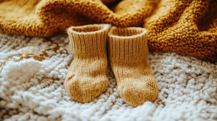 A pair of baby socks placed delicately on a soft blanket in warm natural light