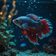 Fototapeta premium A Betta fish surrounded by glowing orbs of light, with a soft, dreamy underwater background.
