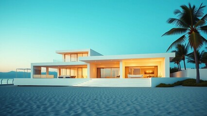Fototapeta premium A sleek contemporary one-story beach mansion hotel-like design stands elegantly in white against the