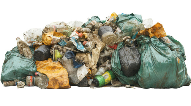 Transparent Garbage Bags Filled with Waste, Isolated on White Background for Environmental Projects